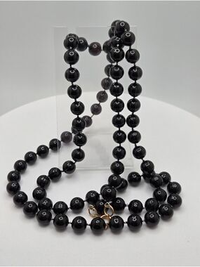 Black Bead Necklace Long Polished Beaded Necklace Gold Tone Clasp 31”